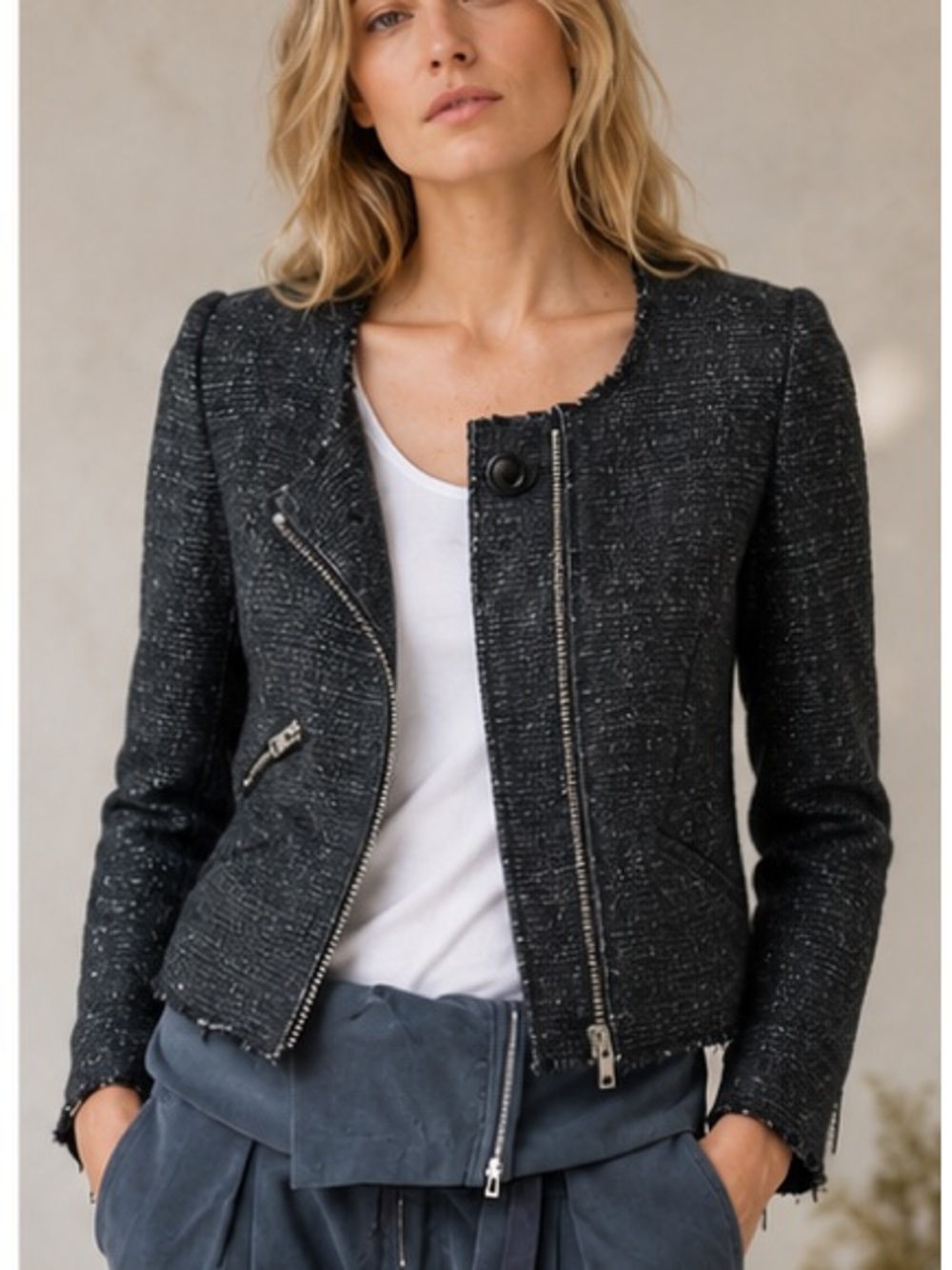 IRO Julienne zip moto jacket metallic tweed boucle dark gray black wool blend 0